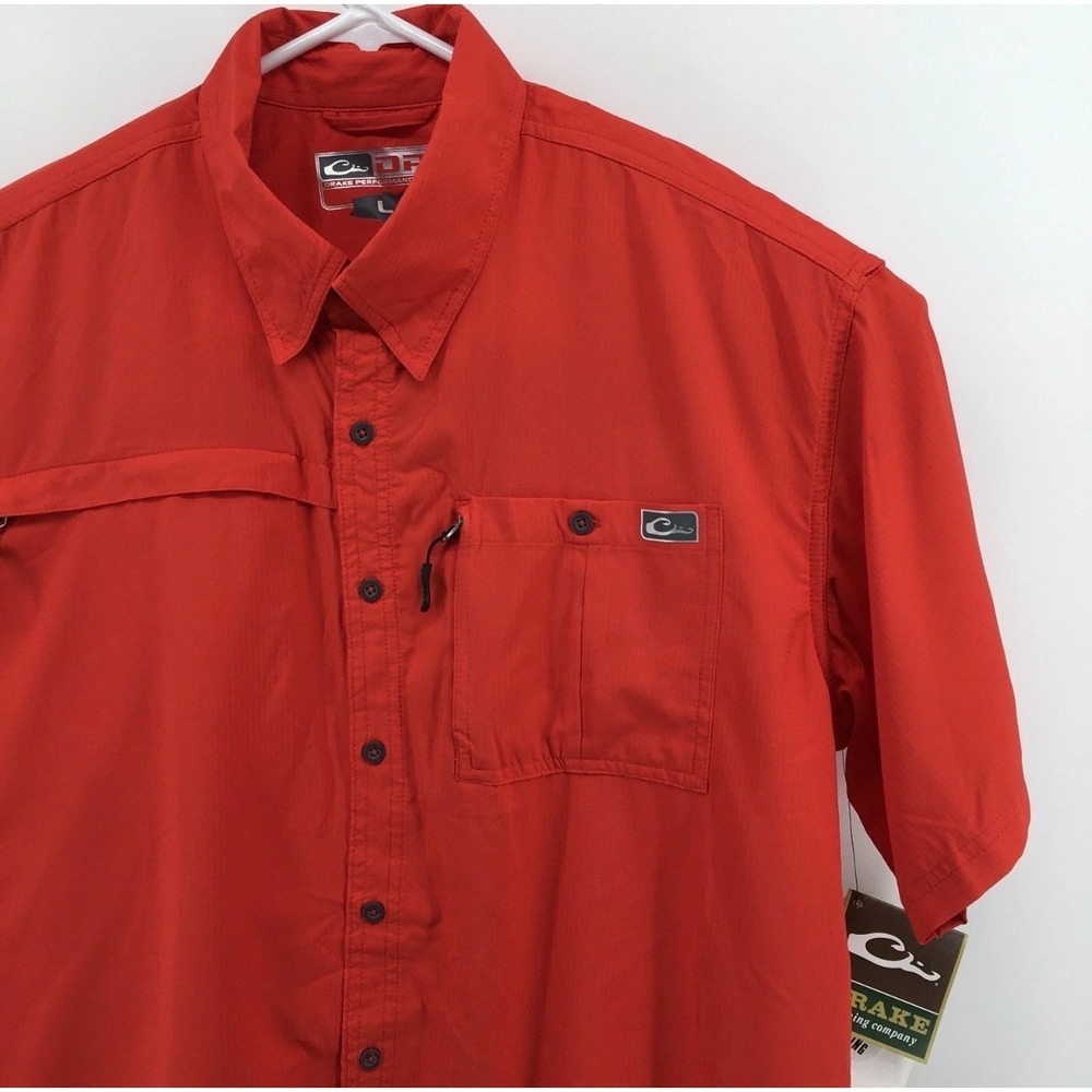 Drake Waterfowl Fishing Shirt Mens Large Red Performance DPF Short Sleeve Button